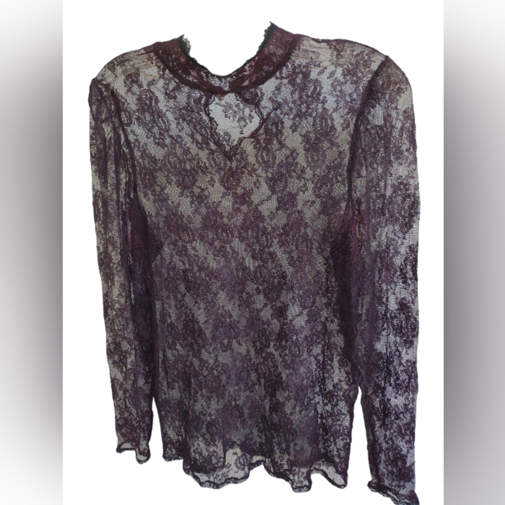 Lace High Neck Blouse Top Pearl Buttons See Thru No tags Burgundy Blk Auction - Picture 1 of 1